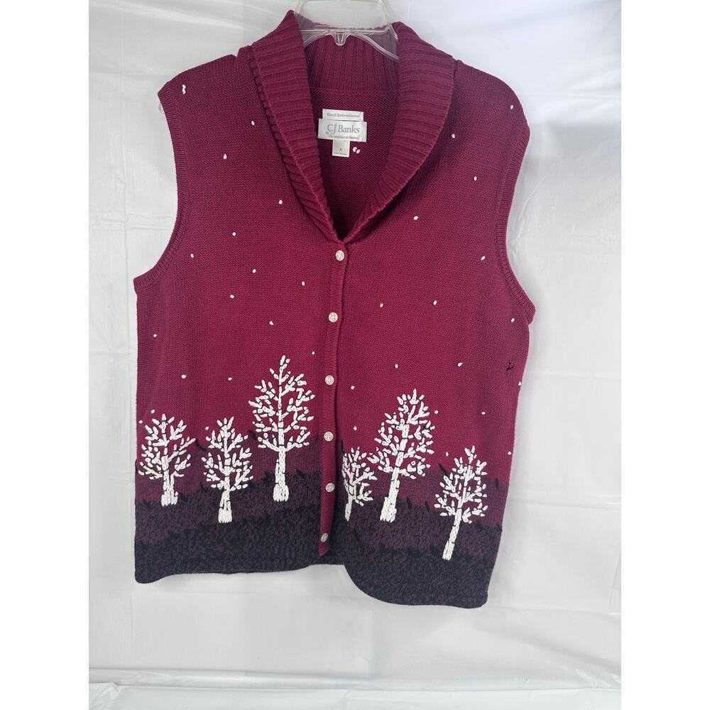 CJ Banks Red Landscape Trees Knit Vest 1X Hand Embroidered Holiday Christmas
